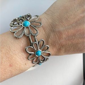 🆕 Open boho flower bangle bracelet - vintage silver turquoise